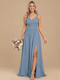 Pleated Chiffon V Neck Wedding Bridesmaid Dresses Floor Length with Slit