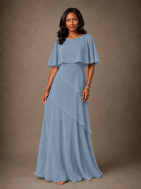 Taupe Chiffon A-Line Mother of the Bride Dress with Cape Sleeves