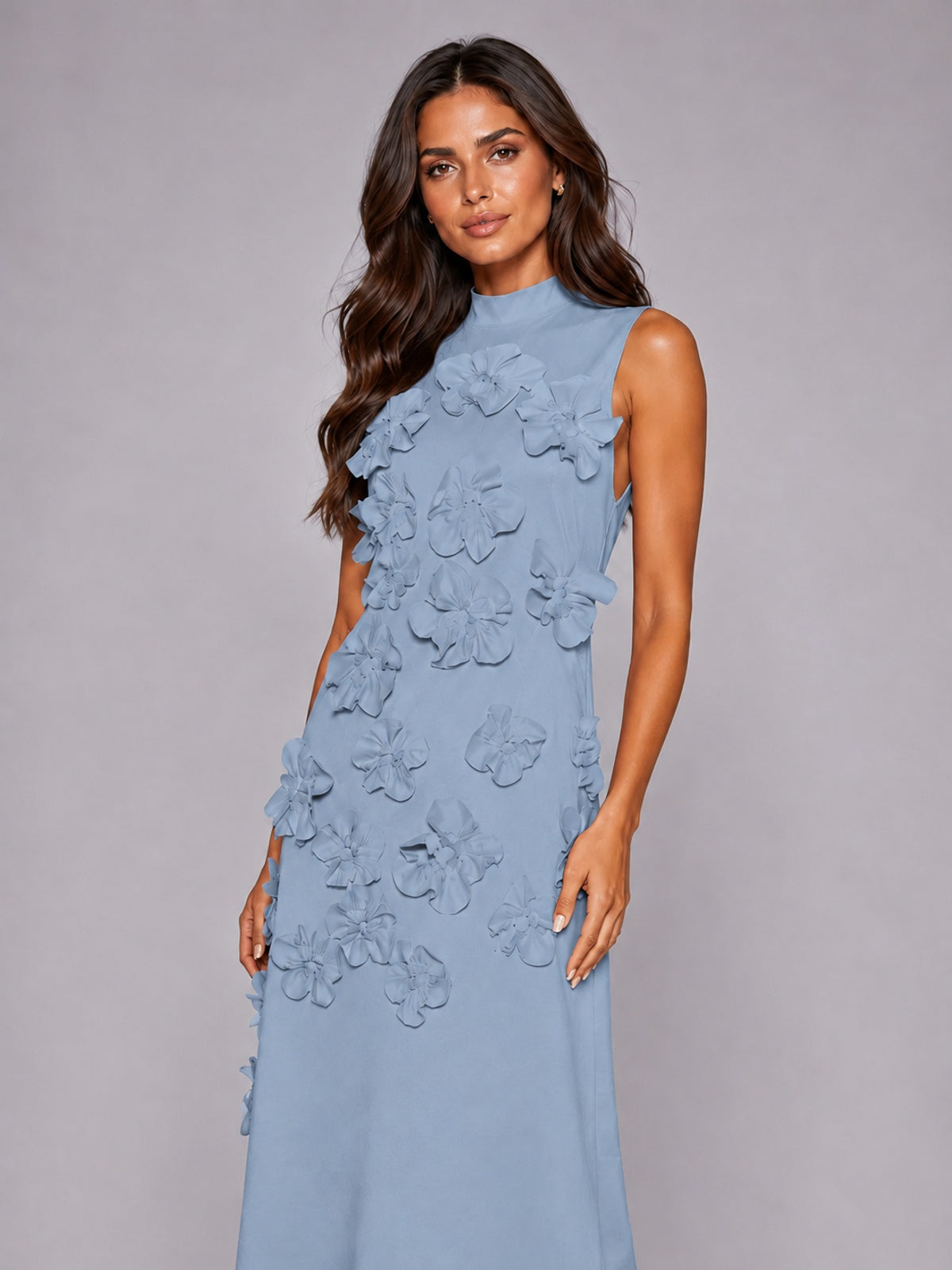 3D Floral Applique High Neck Prom Maxi Dress