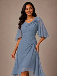 Cowl Neck Ruched Chiffon Mother of the Bride Dresses with Flutter Sleeves
