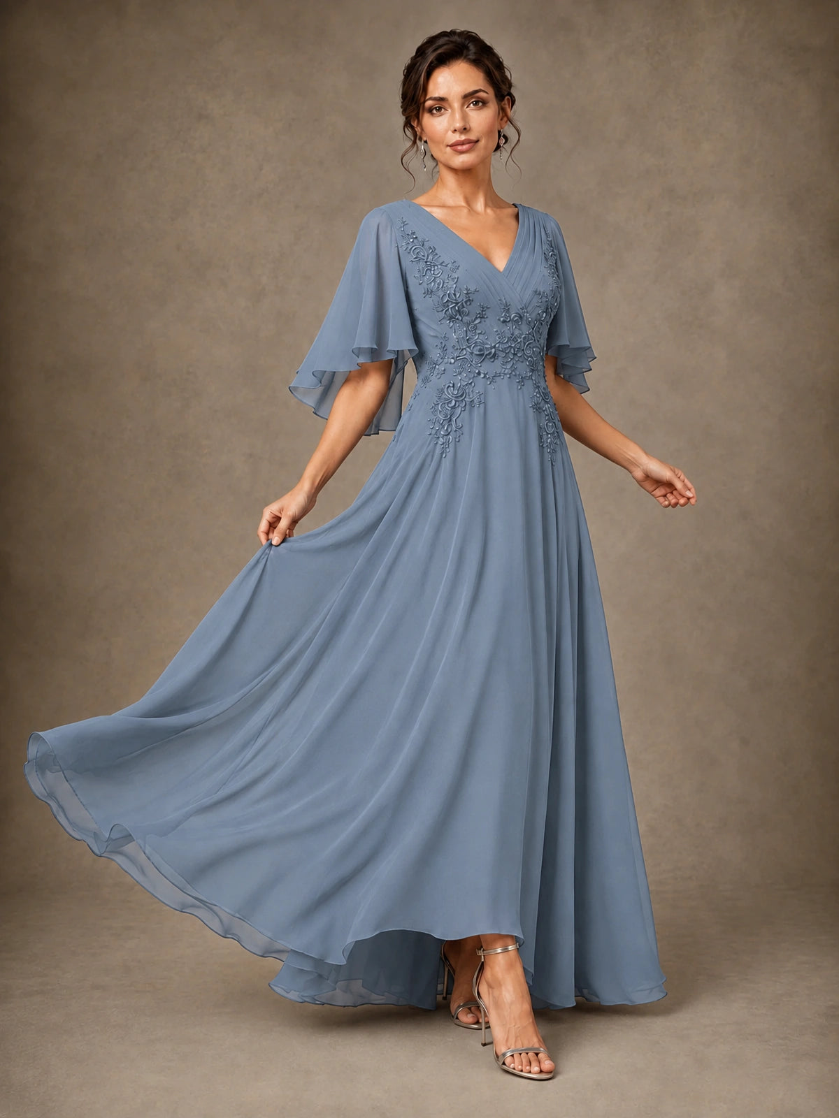 V-Neck Chiffon Lace Mother of the Bride Dress with Flutter Sleeves