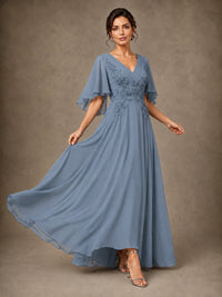 V-Neck Chiffon Lace Mother of the Bride Dress with Flutter Sleeves