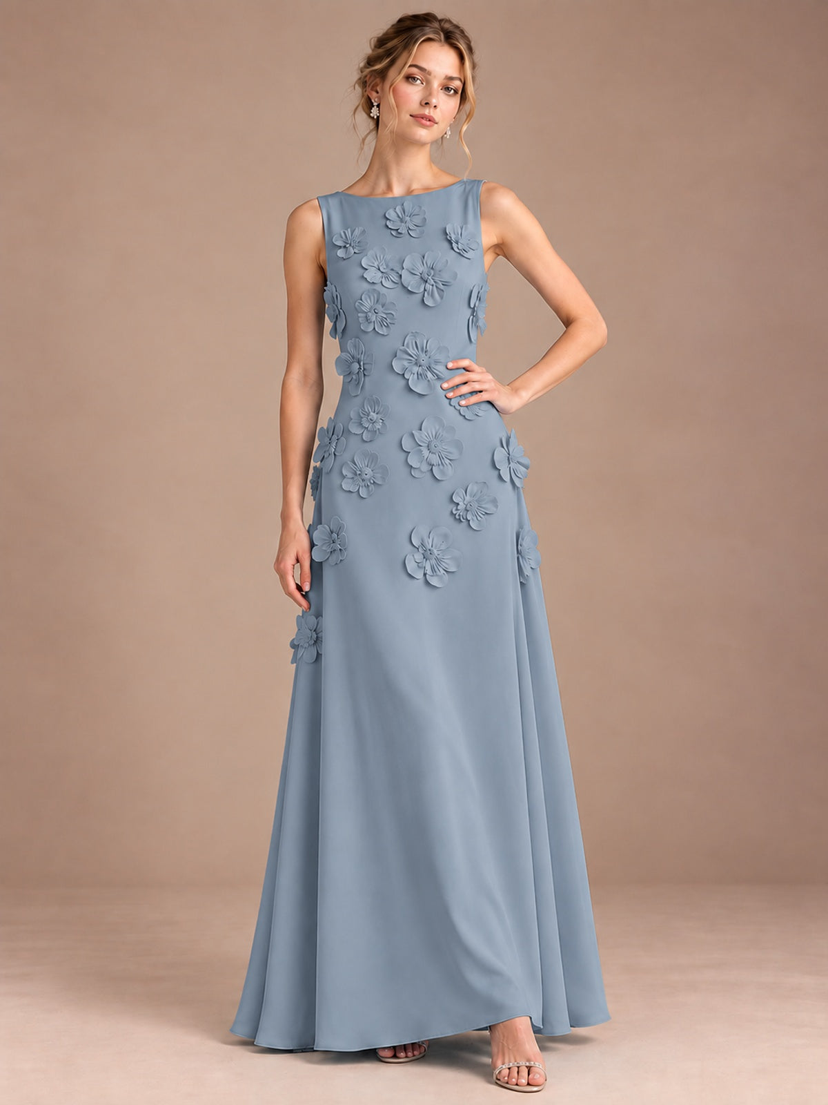 3D Floral Applique Sleeveless Formal Maxi Dress
