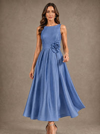Tea-Length Satin Mother of the Bride Dress with 3D Flower Detail