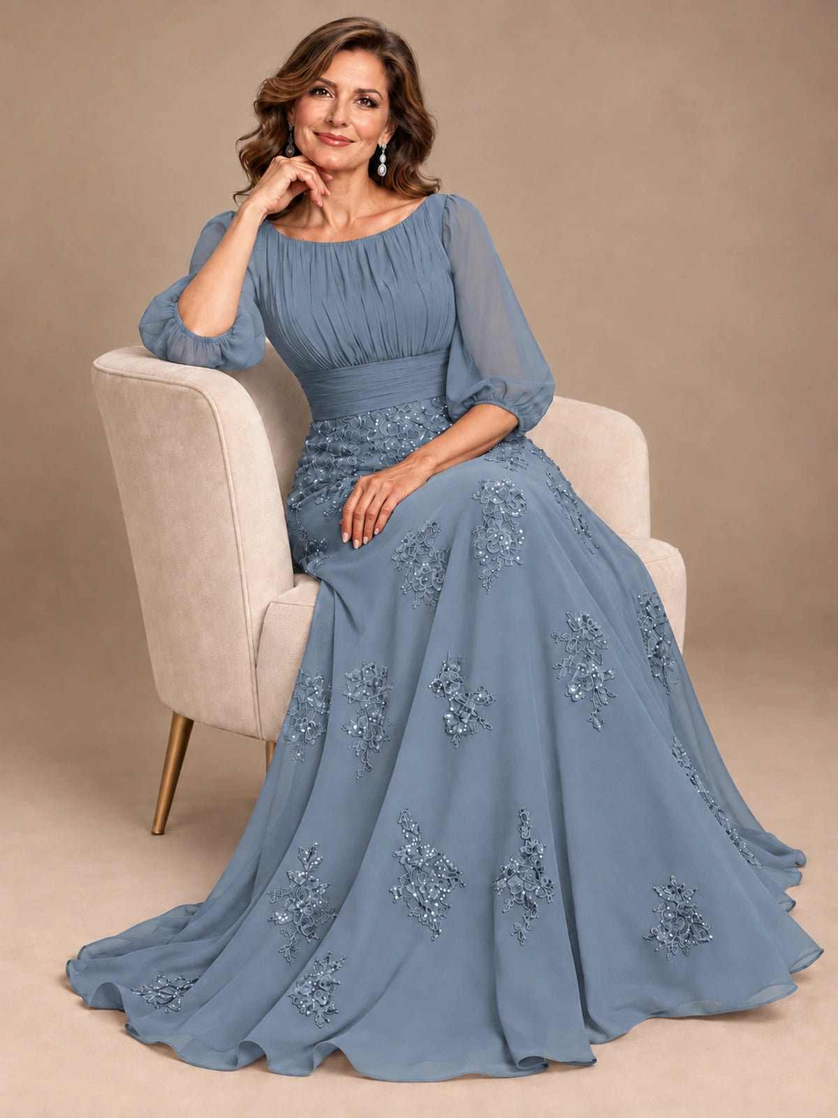 A-Line Mother of the Bride Dress with Sheer Puff Sleeves