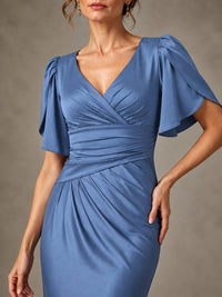 V-Neck Satin Mother of the Bride Dress with Flutter Sleeves