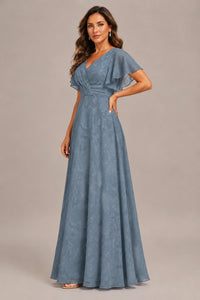 Jovellee Floral Chiffon A-Line Mother of the Bride Dress with Flutter Sleeves