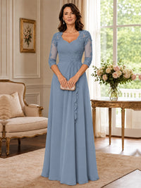 Chiffon Lace Applique Mother of the Bride Dress with 3/4 Sleeves
