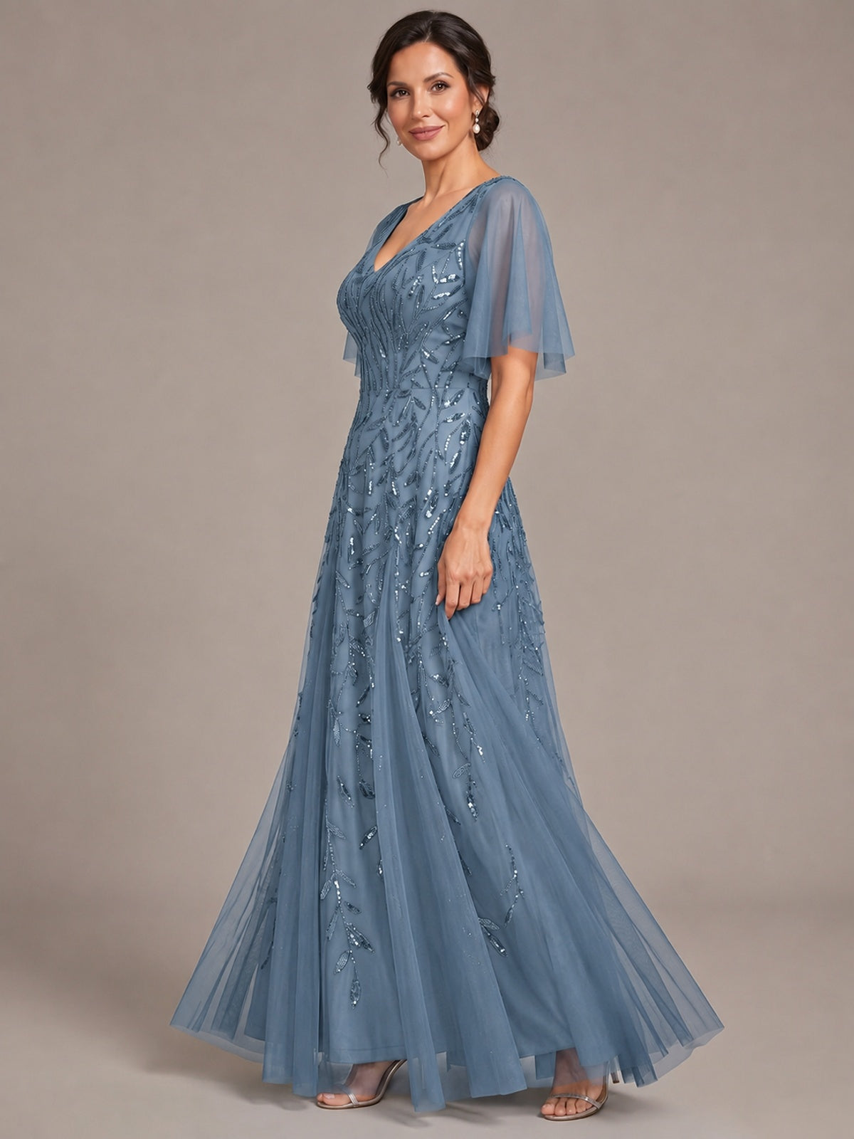 V-Neck Sequin Tulle Mother of the Bride Dress with Flutter Sleeve