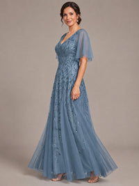 V-Neck Sequin Tulle Mother of the Bride Dress with Flutter Sleeve