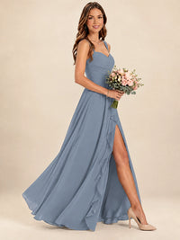 Spaghetti Straps Pleated Chiffon Bridesmaid Dress with Ruffle Slit