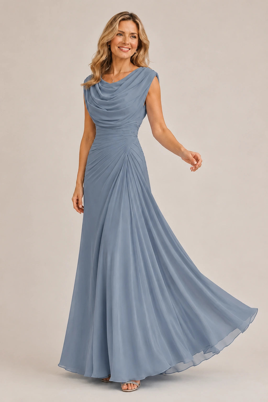 Cowl Neck Ruched Chiffon Mother of the Bride Dress