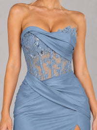 Strapless Satin Prom Dress with Sheer Lace Corset & High Slit