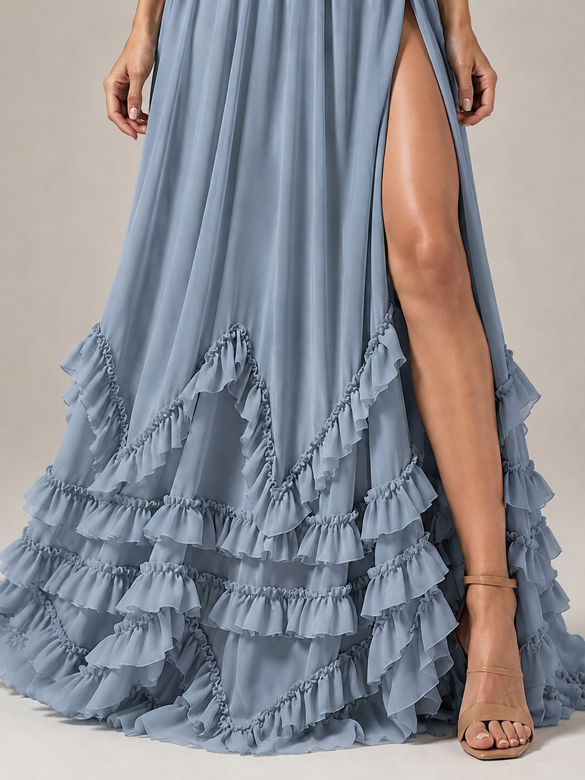 Halter V Neck Chiffon Formal Dress with Lace-Up Back and Ruffle Hem