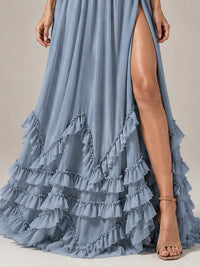 Halter V Neck Chiffon Formal Dress with Lace-Up Back and Ruffle Hem