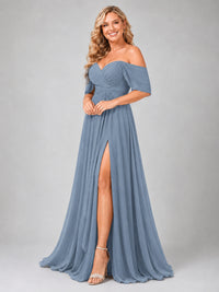 Off Shoulder Chiffon Bridesmaid Dress with Slit