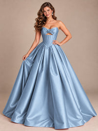 Pink Strapless Corset Satin Prom Derss & Ball Gown with 3D Floral