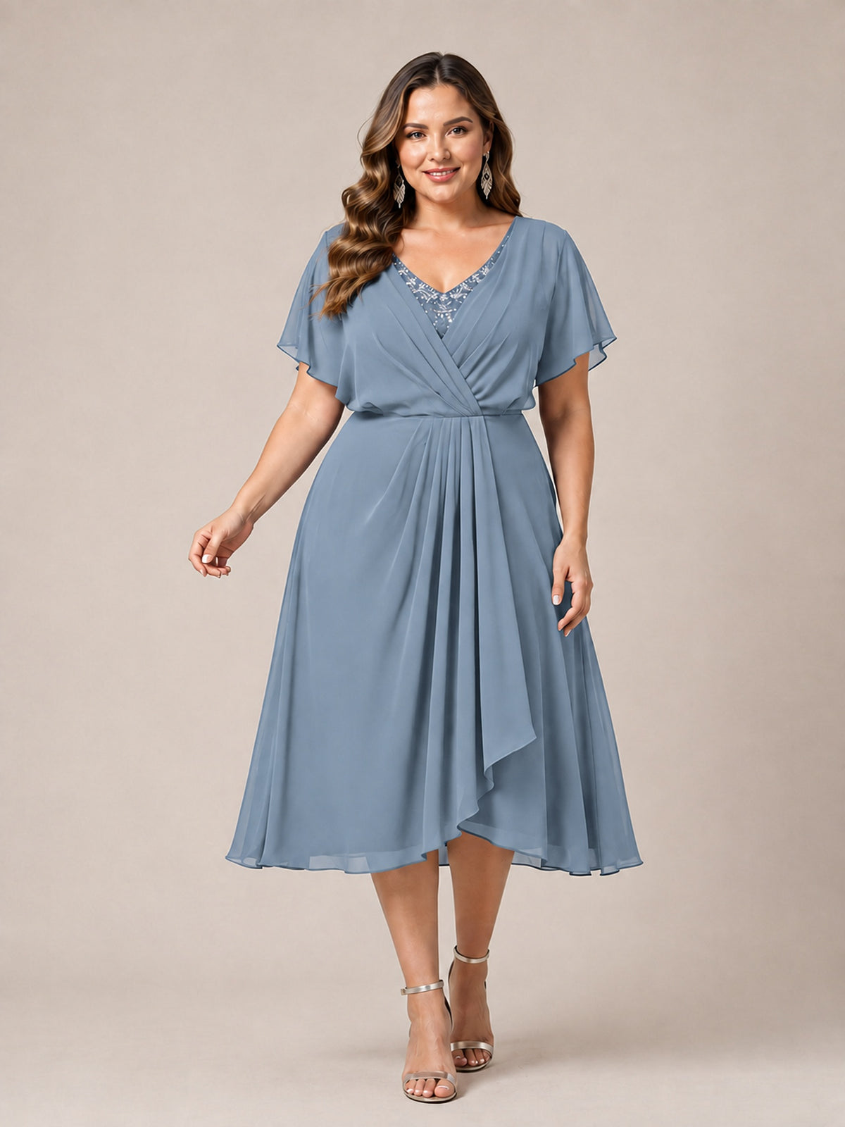 Navy Blue A-Line V-Neck Tea-Length Mother of the Bride Dress