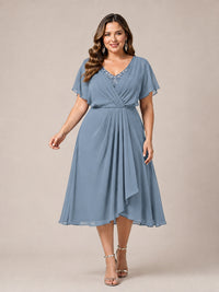 Navy Blue A-Line V-Neck Tea-Length Mother of the Bride Dress
