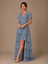 Chiffon V-Neck Tiered Ruffle Bridesmaid Dress with Slit