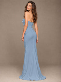 White Strapless Mermaid Maxi Dress with 3D Floral Appliques