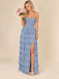 Ruffled Tiered Chiffon Prom Dress Spaghetti Straps Formal Maxi Dress with Slit