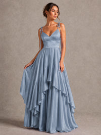 Lavender Satin V-Neck Ruffle Maxi Dress