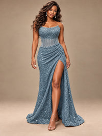 Gold Sequin Strapless Corset Prom Dress with High Slit