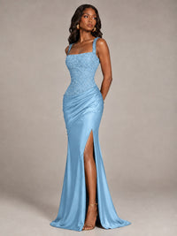 Scoop Neck Sequin Prom Dress with High Slit Satin Formal Gowns