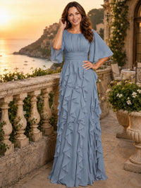 Elegant Chiffon Mother of the Bride Dress with Flutter Sleeves and Ruffle Skirt