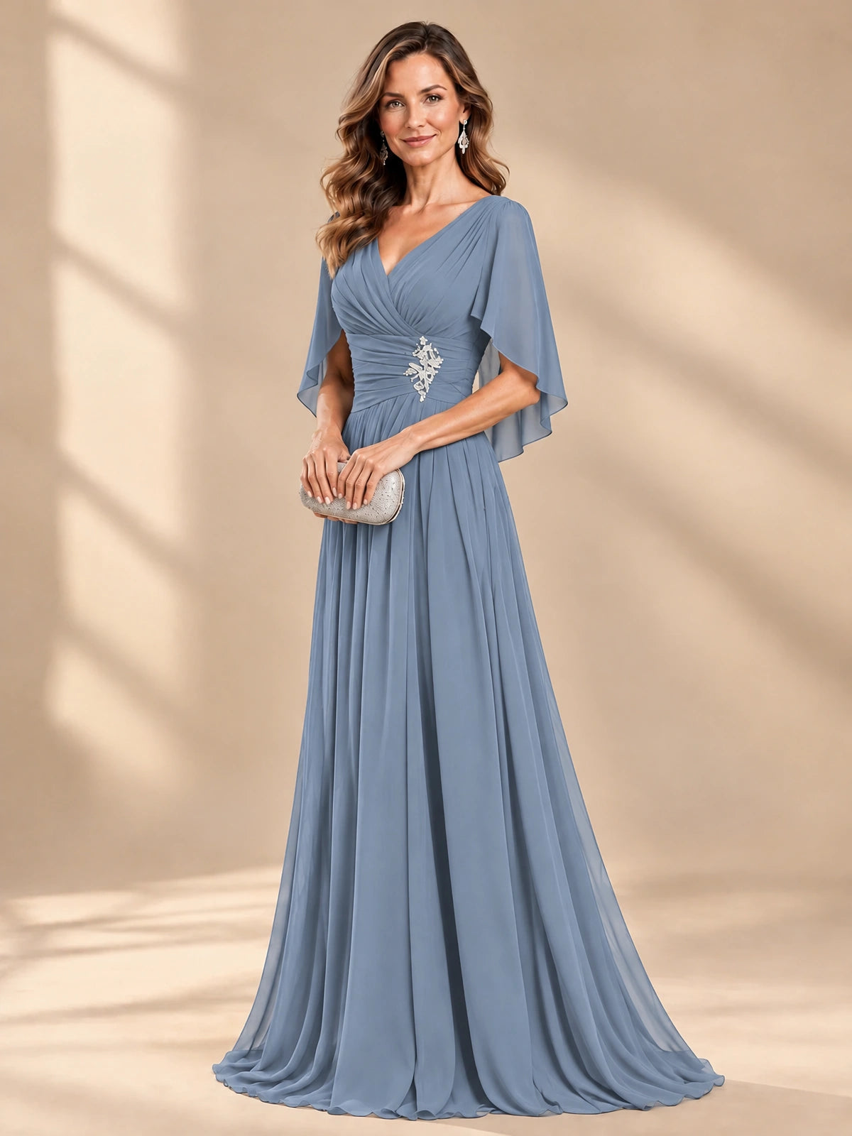 Ruched V Neck Mother of The Bride Dresses with Shawls Appliques and Cap Sleeves