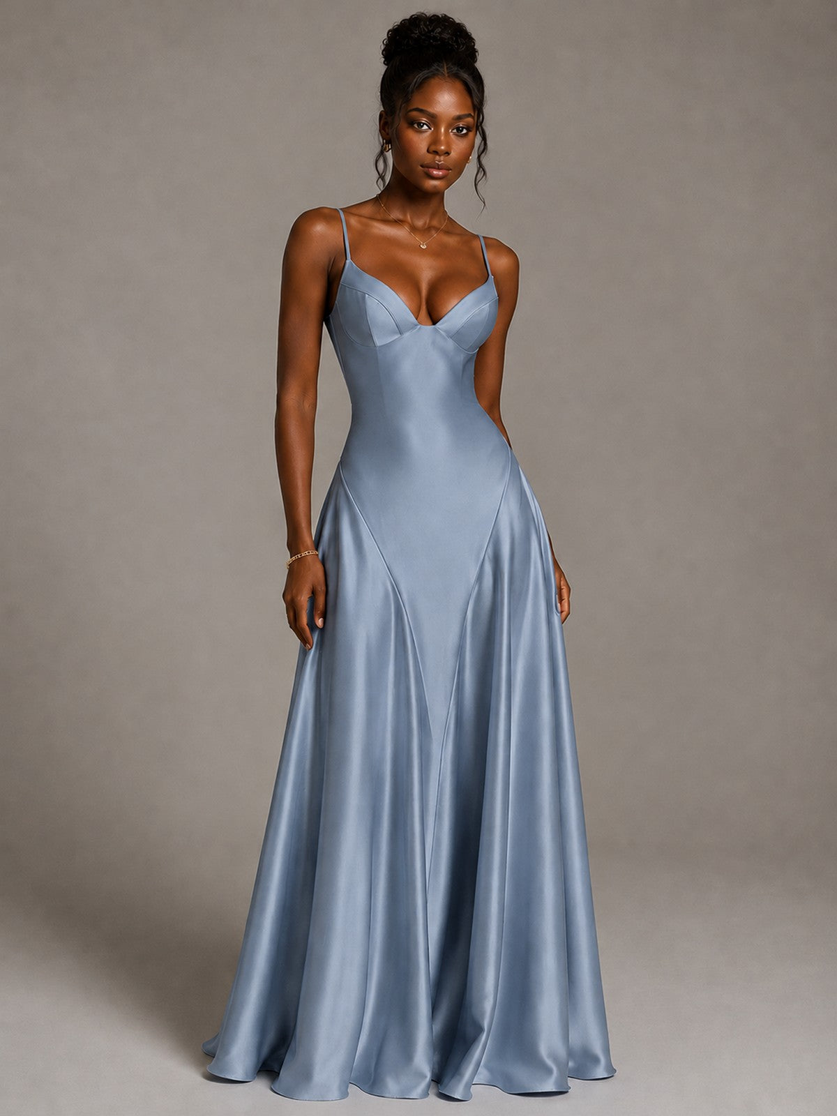Lavender V Neck Satin Prom Dress with Spaghetti Straps