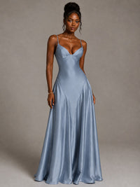Lavender V Neck Satin Prom Dress with Spaghetti Straps