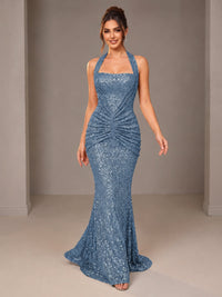 Gold Halter Sequin Mermaid Ruched Prom Dress Long Ruched Evening Gown