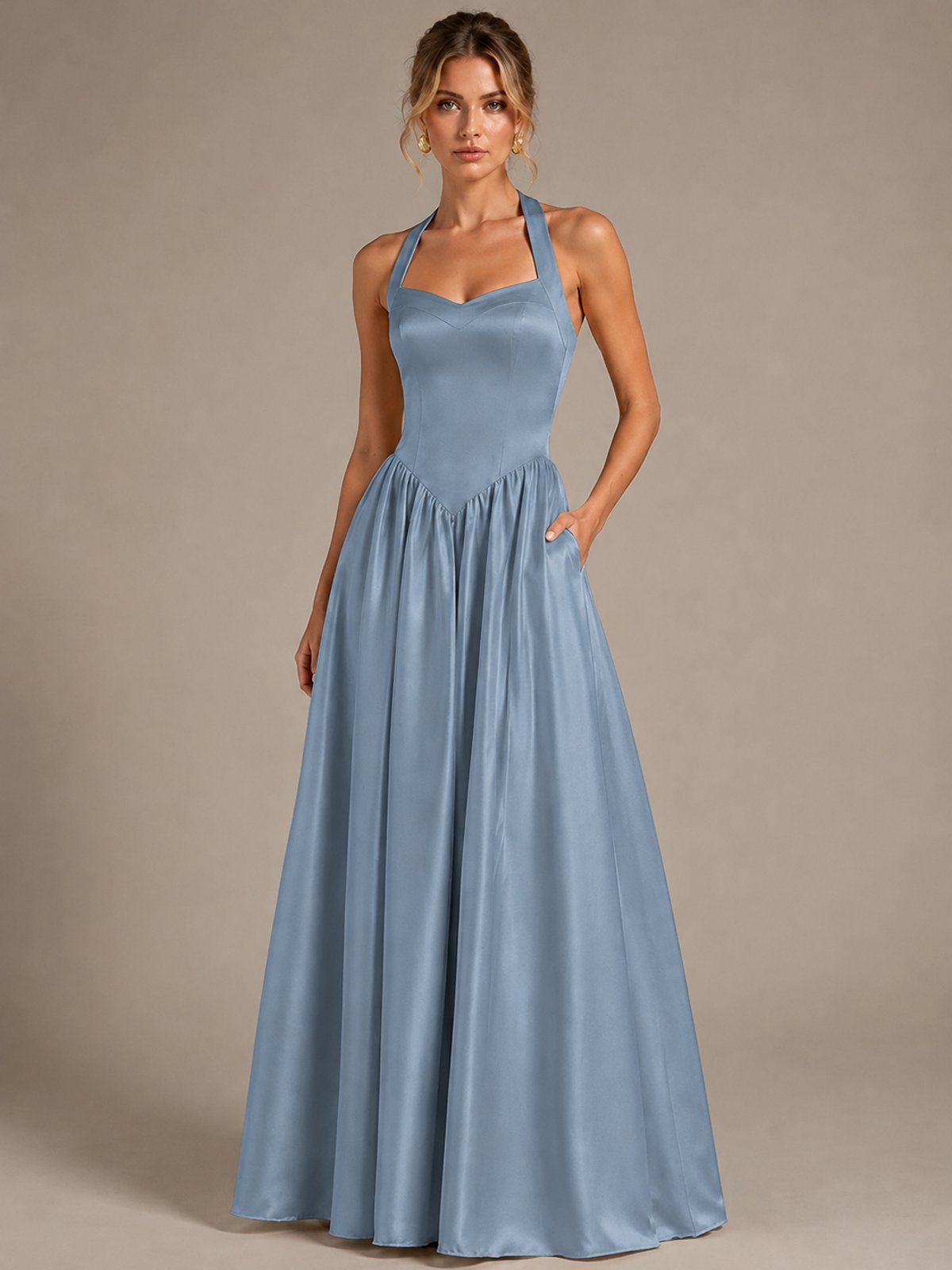 Light Yellow Halter Neck Satin A-Line Maxi Dress with Pockets