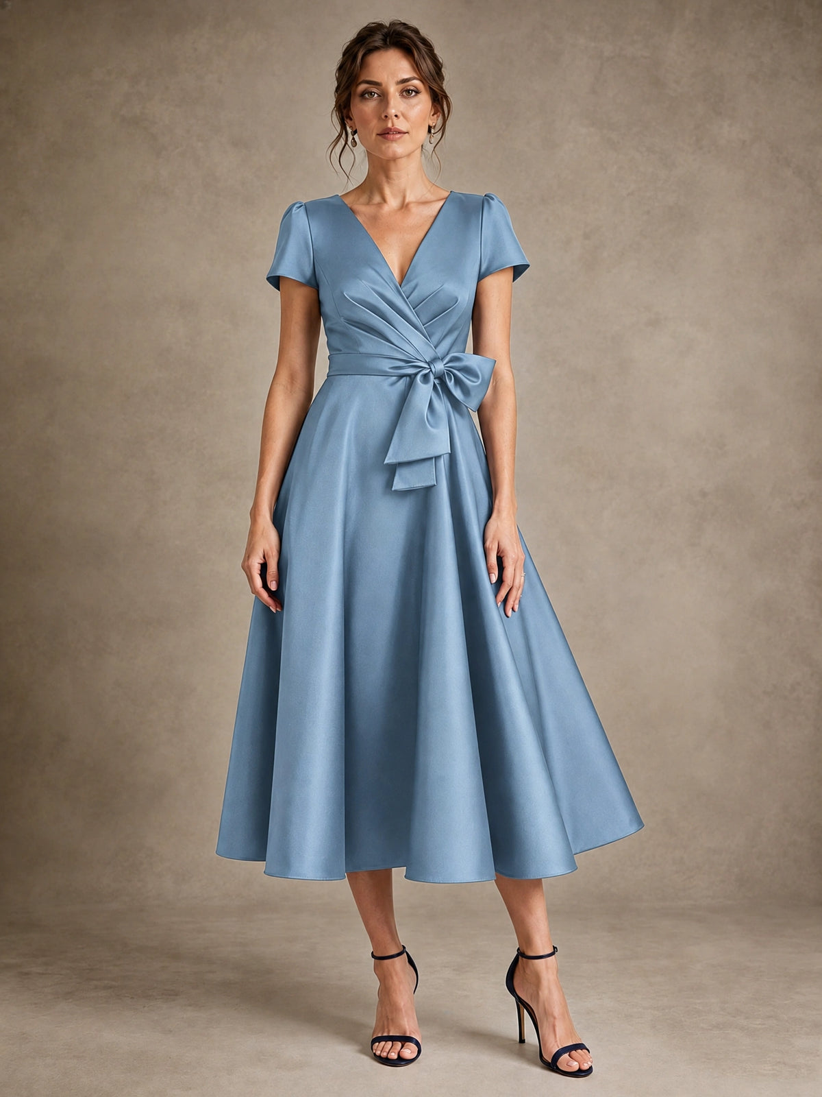 Dusty Blue V-Neck Tea-Length Satin Mother of the Bride Dress with Bow Jovellee