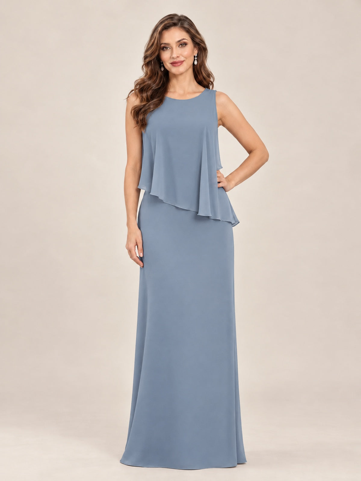 Cape Sleeve Mother of the Bride Dress with Asymmetrical Overlay