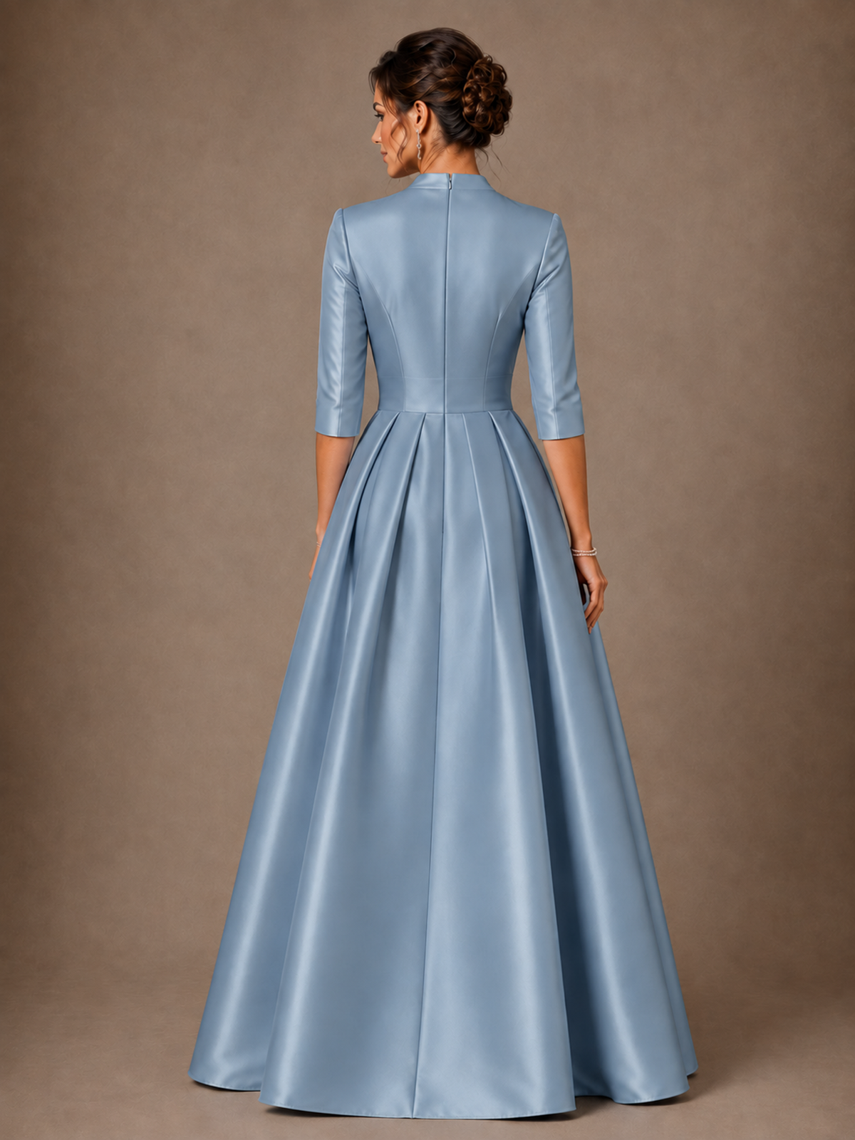 V-Neck Pleated Satin Mother of the Bride Gown with 3/4 Sleeves