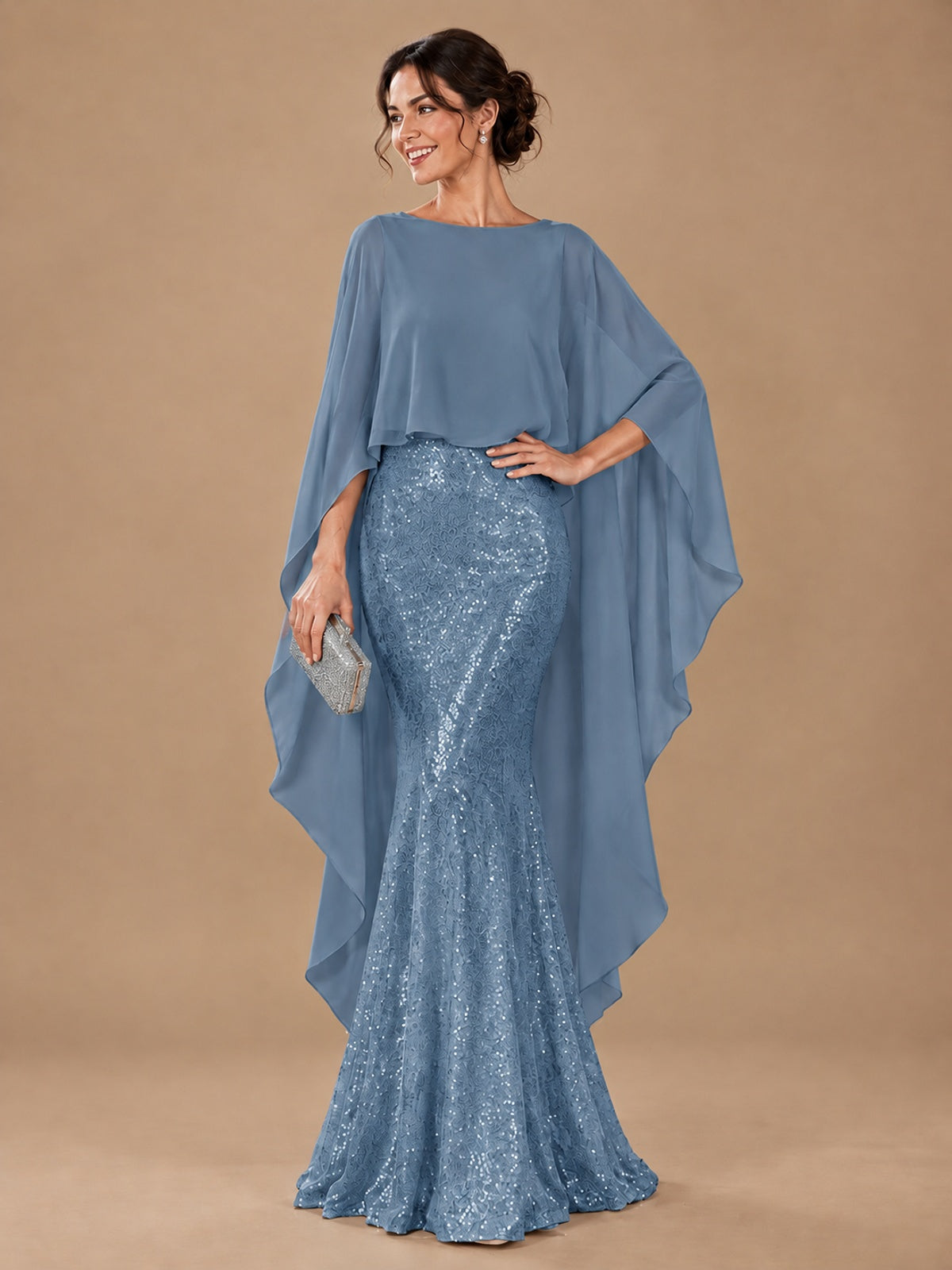 Sequin 2 Pieces Mother of the Bride Dress with Cap Sleeves Chiffon Formal Gowns