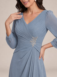 V-Neck Pleated Chiffon Mother of the Bride Dress with Flutter Sleeves