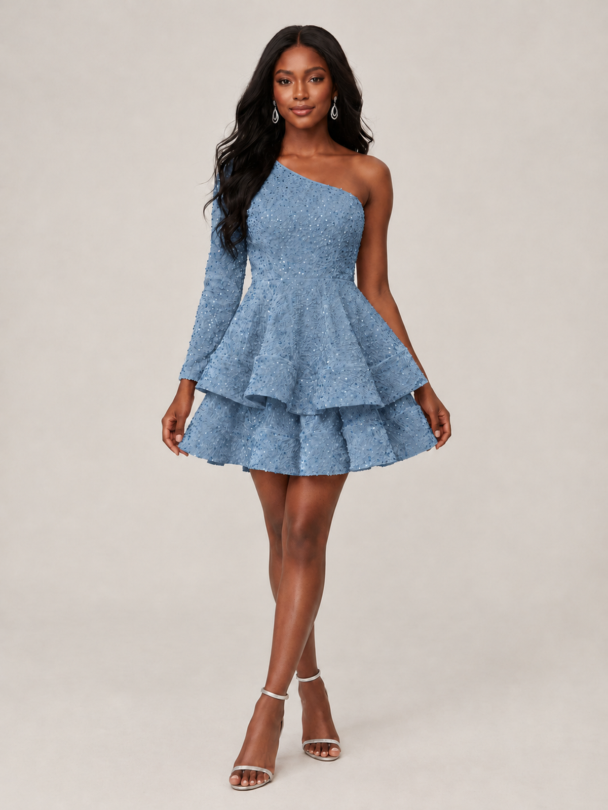 Puffy One Shoulder Sequin Tiered Mini Dress