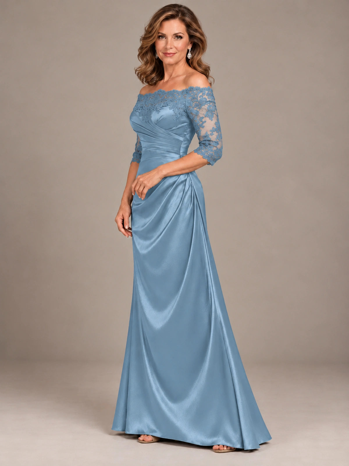 Satin Mother of the Bride Dress with Lace Sleeves Off Shoulder Formal Gown