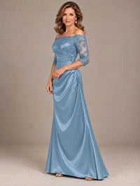 Satin Mother of the Bride Dress with Lace Sleeves Off Shoulder Formal Gown