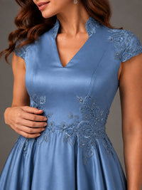 Lace Appliqué A-Line Satin Maxi Dress