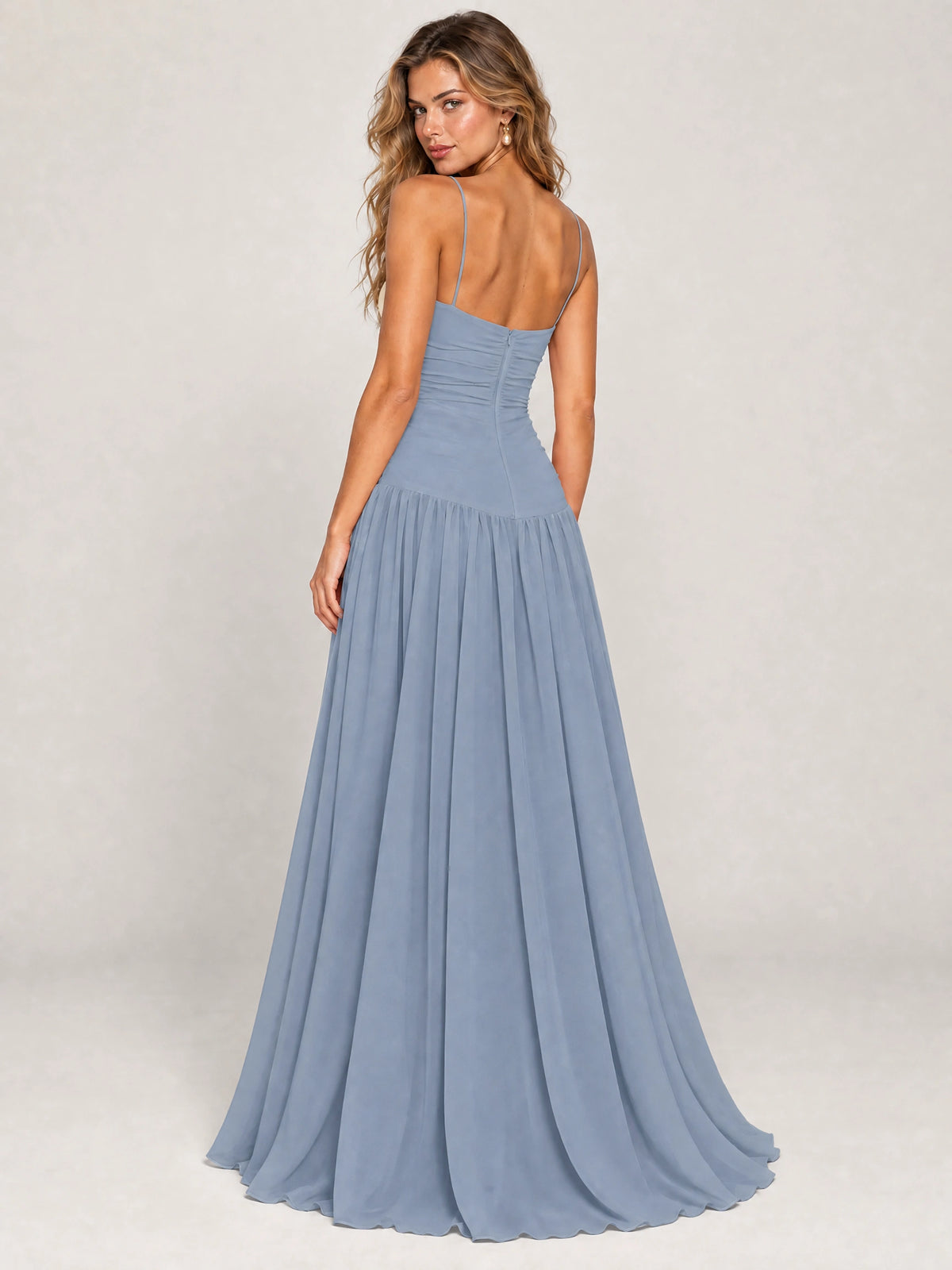Butter Yellow Ruched Spaghetti Strap Drop-Waist Prom Dress