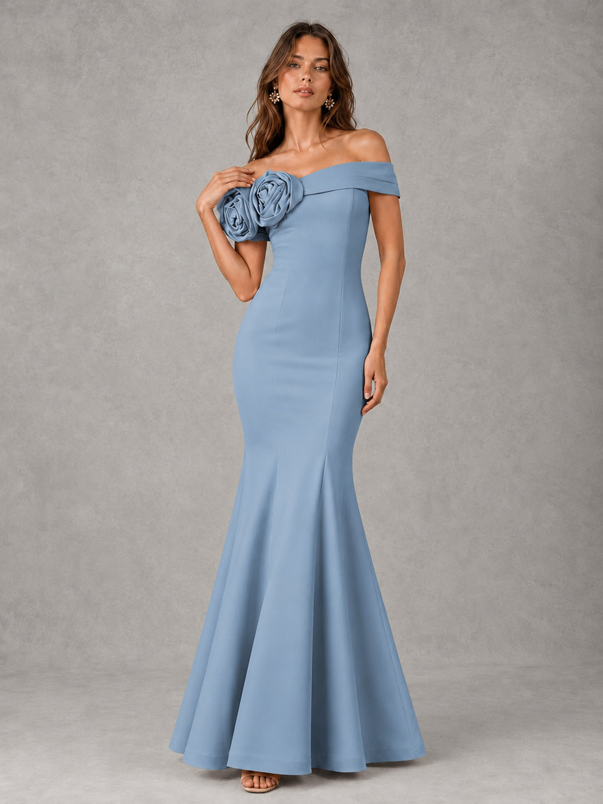 Blush Pink Off Shoulder Mermaid Bridesmaid Dress with Floral Rosette