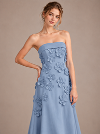 Yellow Strapless 3D Floral Appliques Maxi Dress
