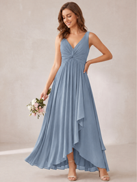 V-Neck High-Low Chiffon Bridesmaid Dress with Ruffles