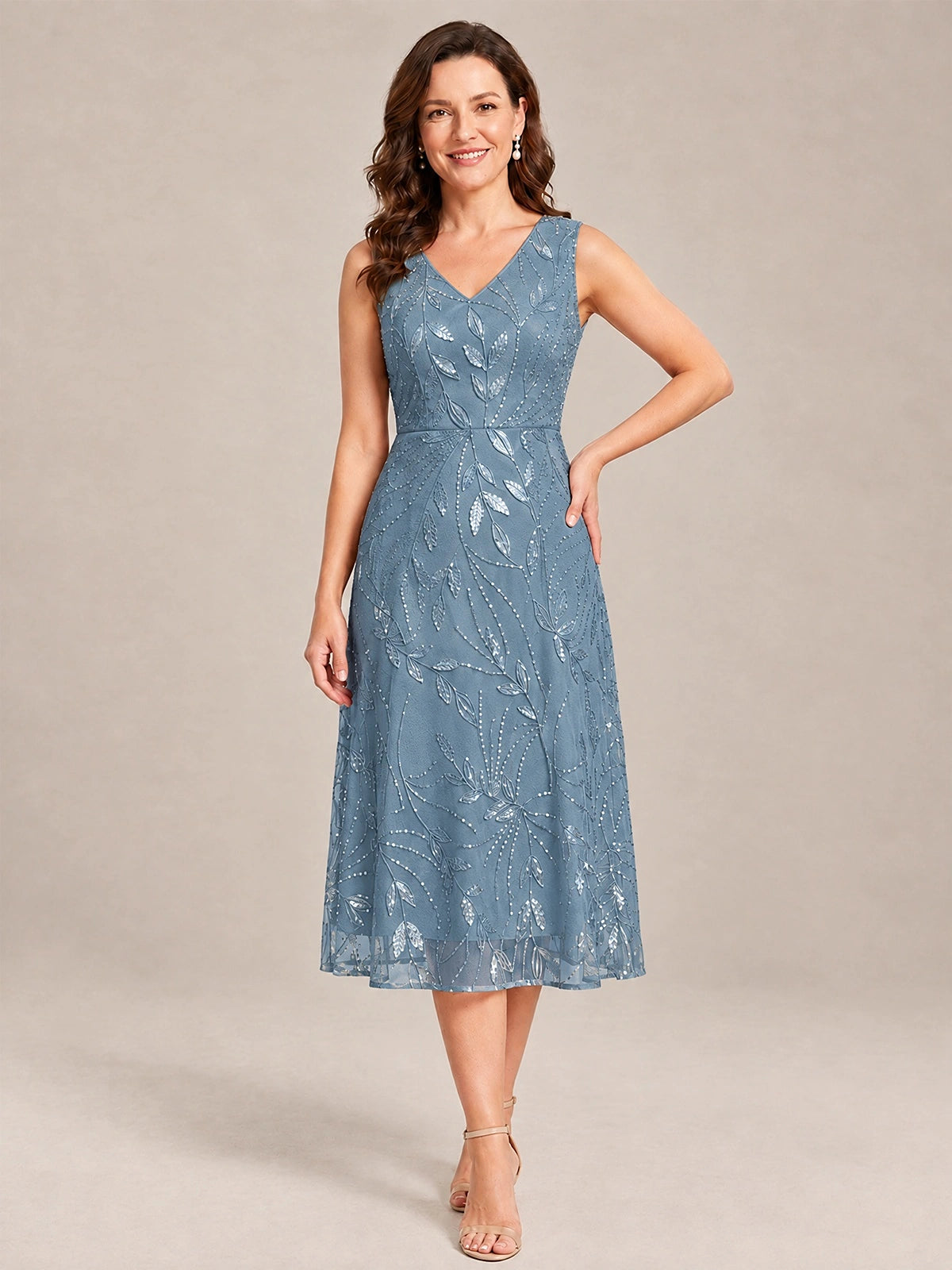 Tea Length Sequin Lace Mother of the Bride Dress with Chiffon Jacket
