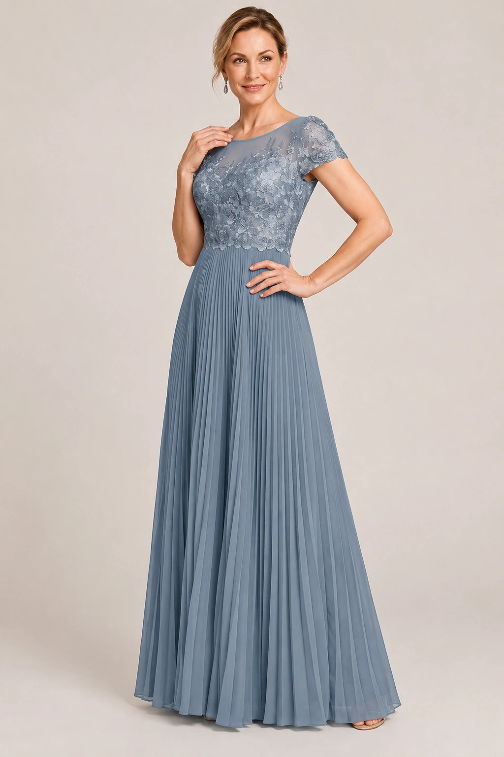 Embroidered Lace Pleated Mother of the Bride Dress